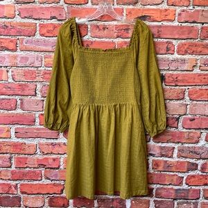 Lost + Wander Ecru Olive Green Smocked Long Sleeve Mini Dress